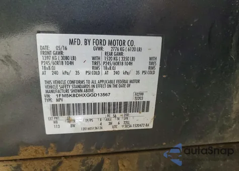 2016 Ford Explorer Xlt z USA, uszkodzony, nr VIN 1FM5K8DHXGGD13567